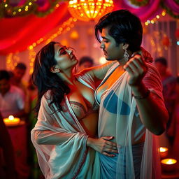 A sensual and captivating scene featuring a woman resembling Nushrat Bharucha, dressed in a low-waist chiffon saree with a bikini top underneath, and wearing striking red lipstick