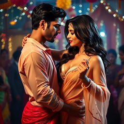 A sensual and captivating scene featuring a woman resembling Nushrat Bharucha, dressed in a low-waist chiffon saree with a bikini top underneath, and wearing striking red lipstick