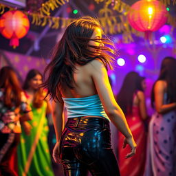 A lively scene featuring a cheerful Indian girl, around 15 years old, wearing tight latex pants and facing away, showing her back as she enjoys a vibrant party