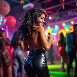 A lively scene featuring a cheerful Indian girl, around 15 years old, wearing tight latex pants and facing away, showing her back as she enjoys a vibrant party