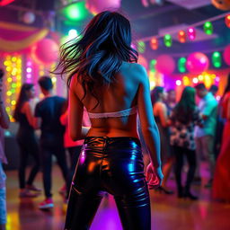 A lively scene featuring a cheerful Indian girl, around 15 years old, wearing tight latex pants and facing away, showing her back as she enjoys a vibrant party