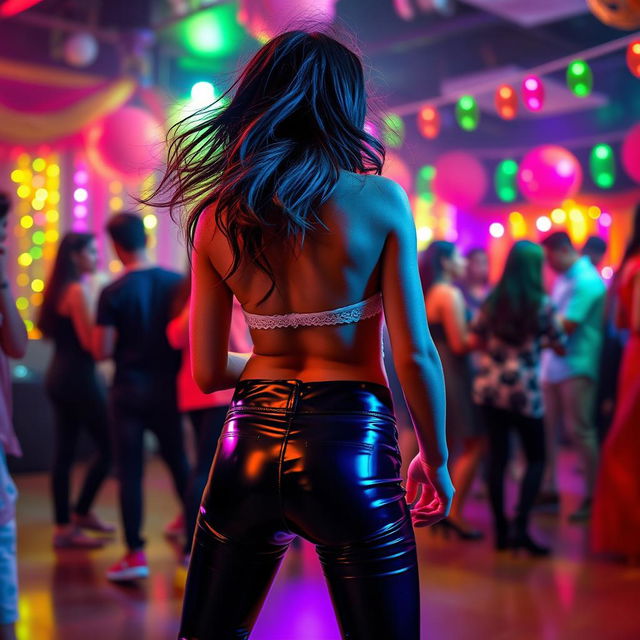 A lively scene featuring a cheerful Indian girl, around 15 years old, wearing tight latex pants and facing away, showing her back as she enjoys a vibrant party