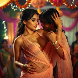 A sensual and captivating scene featuring a woman resembling Nushrat Bharucha, dressed in a low-waist chiffon saree with a bikini top underneath, her striking red lipstick accentuating her features