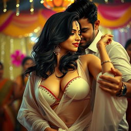 A sensual and captivating scene featuring a woman resembling Nushrat Bharucha, dressed in a low-waist chiffon saree with a bikini top underneath, her striking red lipstick accentuating her features