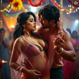 A sensual and captivating scene featuring a woman resembling Nushrat Bharucha, dressed in a low-waist chiffon saree with a bikini top underneath, her striking red lipstick accentuating her features