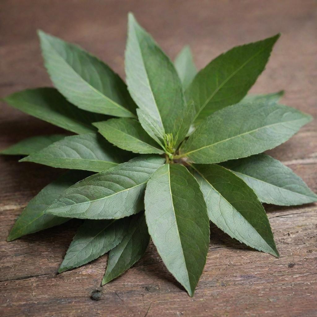 Close-up depiction of yerba mate leaves set against a rustic background.