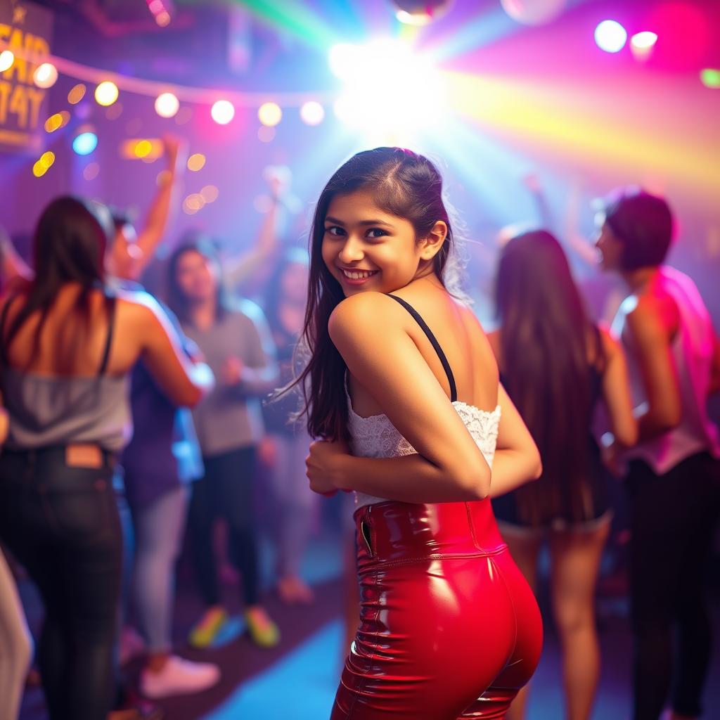 A lively scene featuring a cheerful Indian girl, around 15 years old, wearing tight latex pants