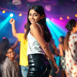 A lively scene featuring a cheerful Indian girl, around 15 years old, wearing tight latex pants