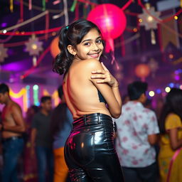 A lively scene featuring a cheerful Indian girl, around 15 years old, wearing tight latex pants with a stylish belt