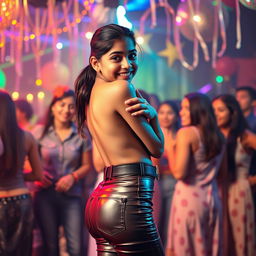 A lively party scene featuring a joyful Indian girl, around 15 years old, wearing tight latex pants with a stylish belt