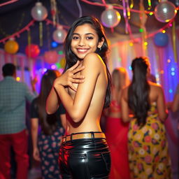 A lively party scene featuring a joyful Indian girl, around 15 years old, wearing tight latex pants with a stylish belt