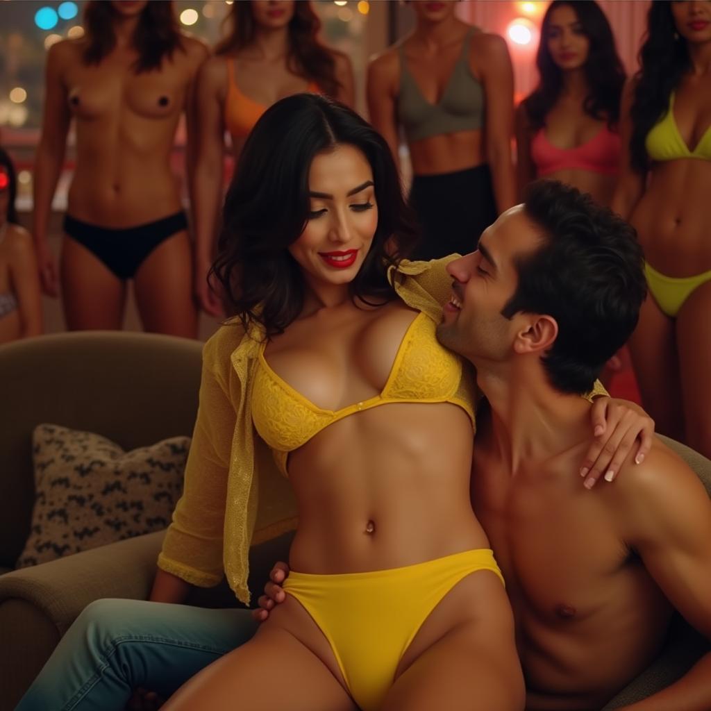 Sensual Radhika Seth in a striking yellow bikini bottom, beautifully accented with bold red lipstick