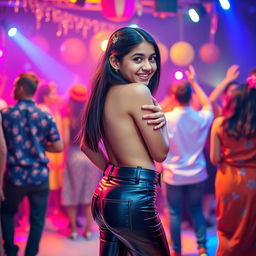 A lively party scene featuring a joyful Indian girl, around 15 years old, wearing stylish tight latex pants with a fashionable belt