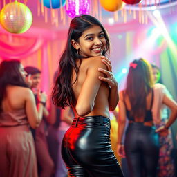 A lively party scene featuring a joyful Indian girl, around 15 years old, wearing stylish tight latex pants with a fashionable belt