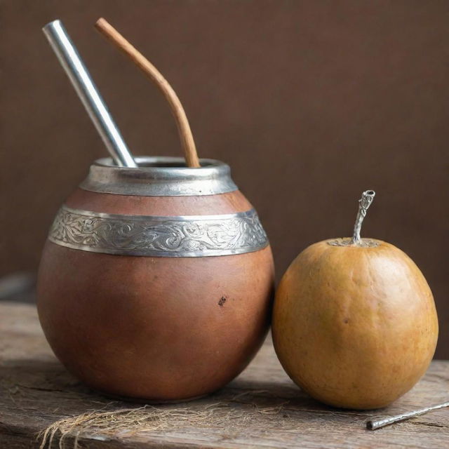 Image of a traditional Argentine mate, complete with a decorated gourd and metal straw.