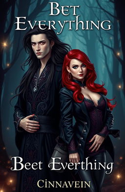 A young and beautiful lord of darkness with an alluring and mysterious aura, standing confidently in a dark, enchanted forest