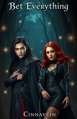 A young and beautiful lord of darkness with an alluring and mysterious aura, standing confidently in a dark, enchanted forest