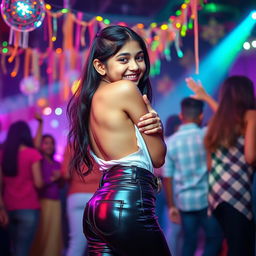 A vibrant party atmosphere featuring a joyful Indian girl, approximately 15 years old, dressed in fashionable tight latex pants adorned with a stylish belt