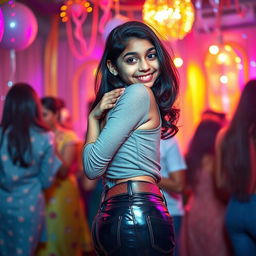 A vibrant party atmosphere featuring a joyful Indian girl, approximately 15 years old, dressed in fashionable tight latex pants adorned with a stylish belt