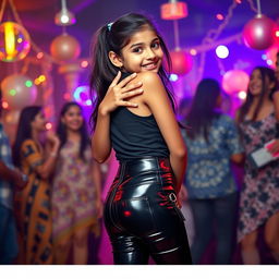 A lively party scene featuring a joyful Indian girl, approximately 15 years old, wearing tight latex pants with a zipper on the back and a stylish belt