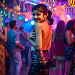 A lively party scene featuring a joyful Indian girl, approximately 15 years old, wearing tight latex pants with a zipper on the back and a stylish belt