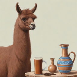 Cartoon-style image of a brown llama enjoying a traditional Argentinian mate.