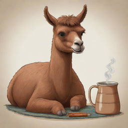 Cartoon-style image of a brown llama enjoying a traditional Argentinian mate.