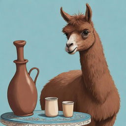 Cartoon-style image of a brown llama enjoying a traditional Argentinian mate.