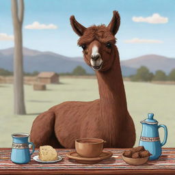 Cartoon-style image of a brown llama enjoying a traditional Argentinian mate.