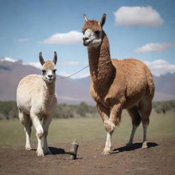 An animated picture of a llama holding a traditional Argentinian mate in its hoof.