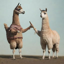 An animated picture of a llama holding a traditional Argentinian mate in its hoof.