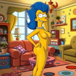 A stylized version of Marge Simpson, clad in only her iconic blue hair, standing confidently with a playful expression