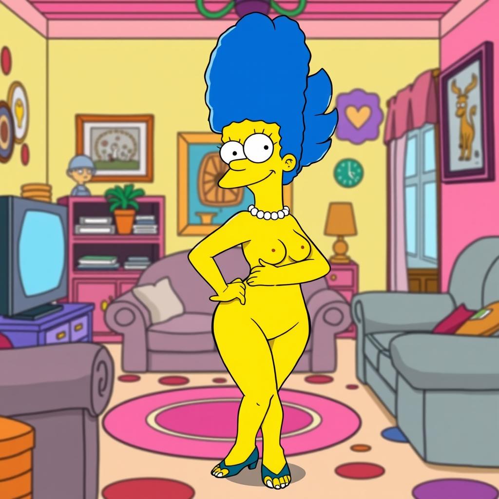 A stylized version of Marge Simpson, clad in only her iconic blue hair, standing confidently with a playful expression