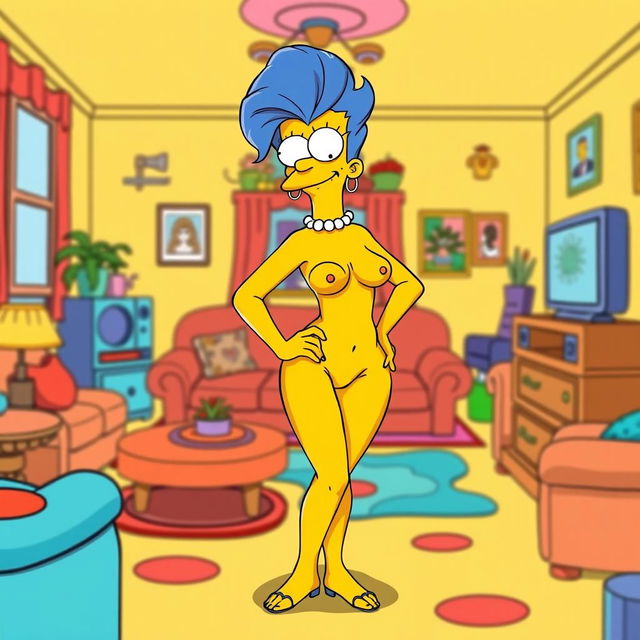 A stylized version of Marge Simpson, clad in only her iconic blue hair, standing confidently with a playful expression