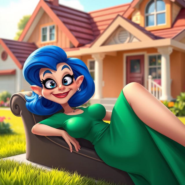 A stylized, artistic rendering of a character reminiscent of a cartoon mother with bright blue hair and a green dress, lounging confidently