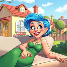 A stylized, artistic rendering of a character reminiscent of a cartoon mother with bright blue hair and a green dress, lounging confidently