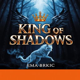 An enthralling book cover design for 'King of Shadows', featuring the title prominently in glimmering metallic letters that reflect light against a rich, dark forest background