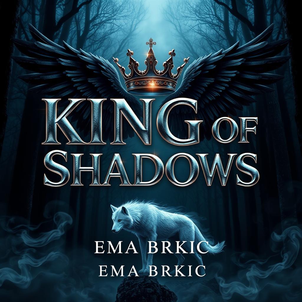 An enthralling book cover design for 'King of Shadows', featuring the title prominently in glimmering metallic letters that reflect light against a rich, dark forest background