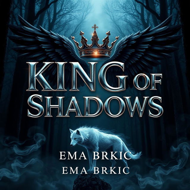 An enthralling book cover design for 'King of Shadows', featuring the title prominently in glimmering metallic letters that reflect light against a rich, dark forest background