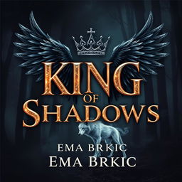 An enthralling book cover design for 'King of Shadows', featuring the title prominently in glimmering metallic letters that reflect light against a rich, dark forest background