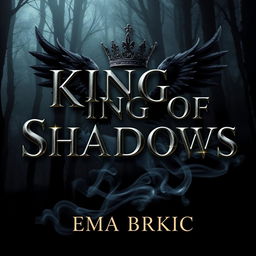 An intriguing book cover for 'King of Shadows', featuring the title in standout metallic letters that shimmer and reflect light