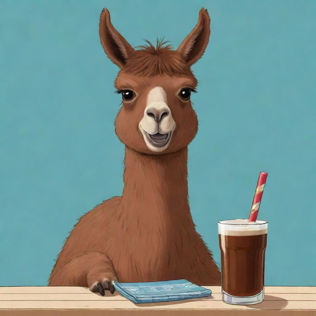 Cartoonish representation of a brown llama delighting in a traditional Argentinian mate drink.