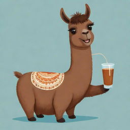 Cartoonish representation of a brown llama delighting in a traditional Argentinian mate drink.