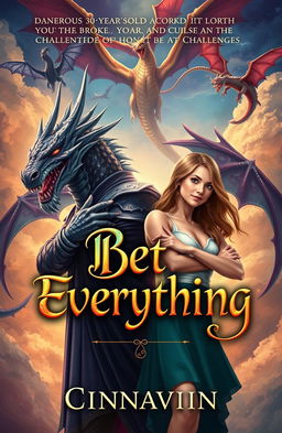A mesmerizing book cover featuring a dangerous 30-year-old lord of dragons, exuding an aura of power and mystery, and a confident, casual woman who challenges him