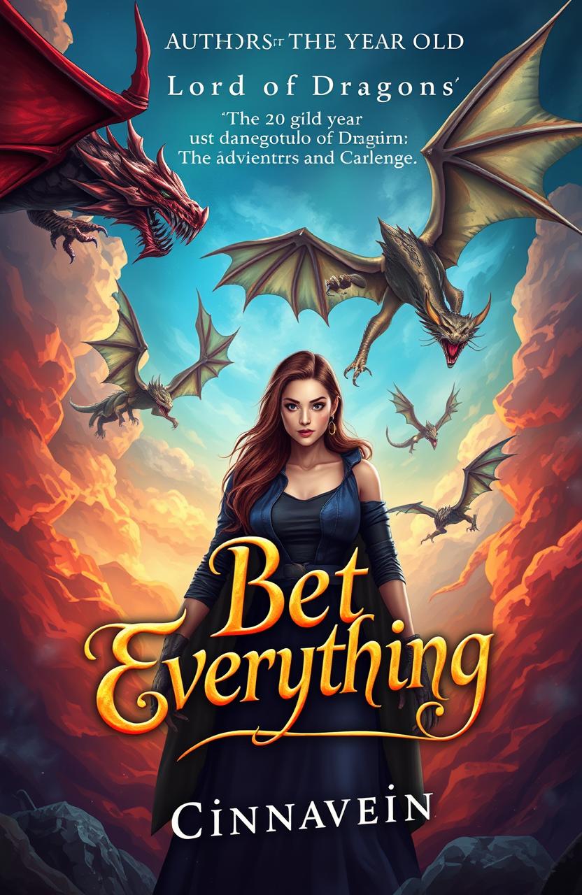 A mesmerizing book cover featuring a dangerous 30-year-old lord of dragons, exuding an aura of power and mystery, and a confident, casual woman who challenges him