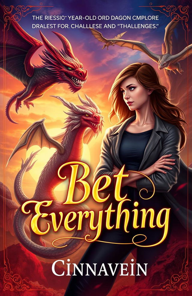 A mesmerizing book cover featuring a dangerous 30-year-old lord of dragons, exuding an aura of power and mystery, and a confident, casual woman who challenges him