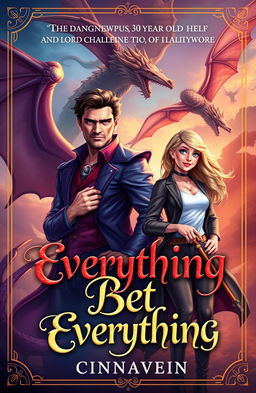A mesmerizing book cover featuring a dangerous 30-year-old lord of dragons, exuding an aura of power and mystery, and a confident, casual woman who challenges him