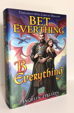 A book cover titled "Bet Everything" featuring a dangerous 30-year-old lord of dragons, dressed in an elaborate and striking outfit, with a commanding presence and piercing gaze, standing against a backdrop of swirling dragons in the sky