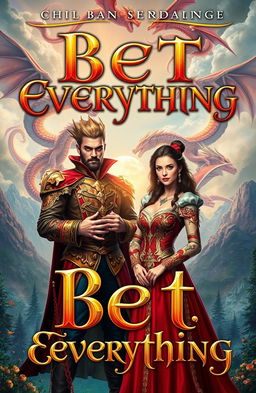 A book cover titled "Bet Everything" featuring a dangerous 30-year-old lord of dragons, dressed in an elaborate and striking outfit, with a commanding presence and piercing gaze, standing against a backdrop of swirling dragons in the sky