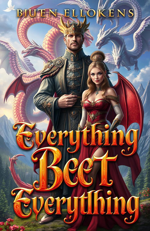 A book cover titled "Bet Everything" featuring a dangerous 30-year-old lord of dragons, dressed in an elaborate and striking outfit, with a commanding presence and piercing gaze, standing against a backdrop of swirling dragons in the sky